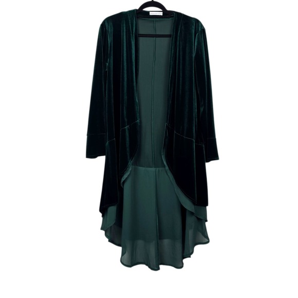 R.Vivimos Sweaters - R.Vivimos Womens Green Velvet High-Low Open Front Duster Cardigan Size M 8/10
